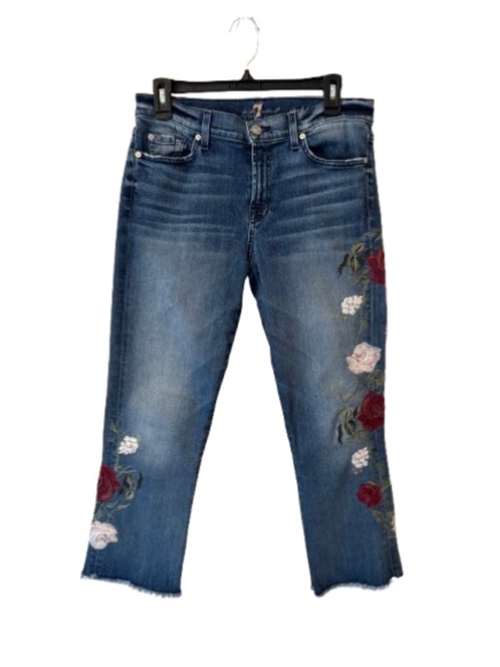 7 For All Mankind Blue Cropped Boot Jeans with Floral Embroidery Size 30